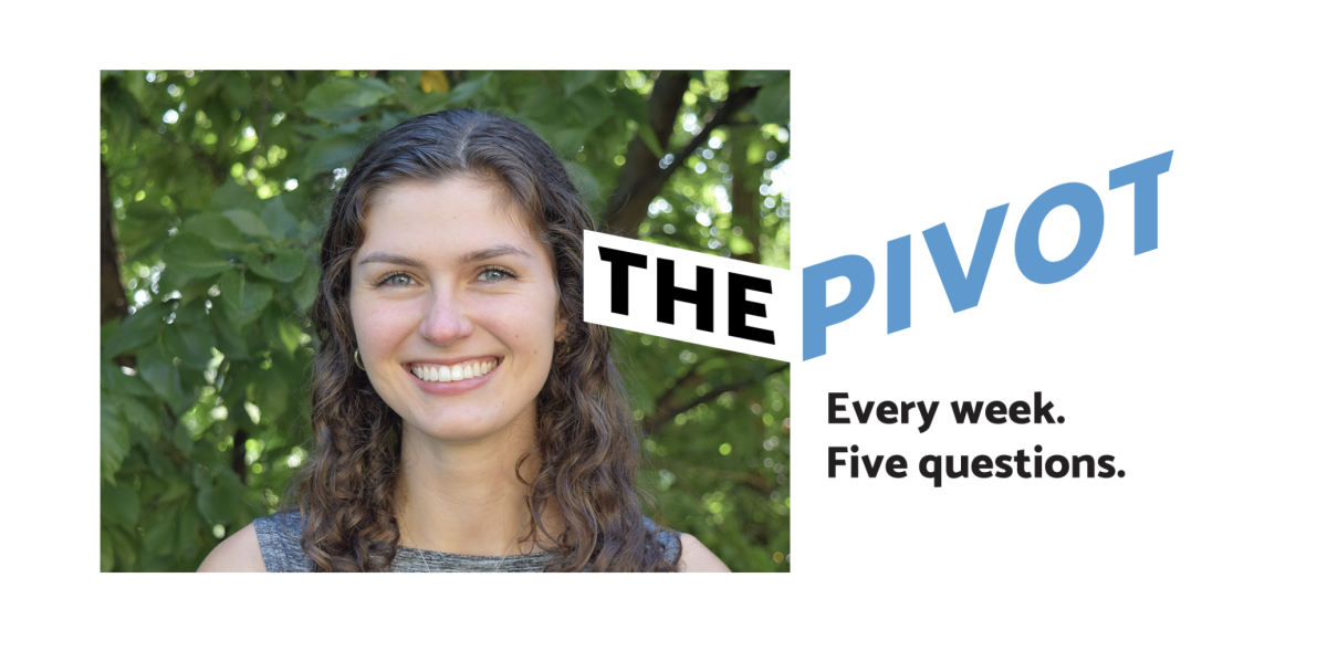 Megan Hawley with The Pivot every week five questions graphic text displayed.